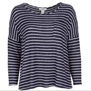 🆕 Women’s Navy Blue and White Striped Back Button Blouse